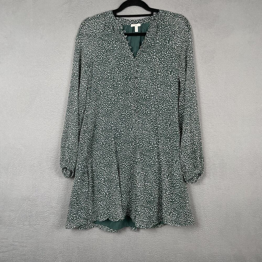 JOIE Dress Womens XS Green Trapeze Swing Animal Print Long Sleeve V-Neck Lined